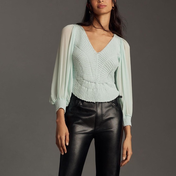 Anthropologie Sheer Sleeve V-Neck Sweater Top NWT - Picture 3 of 5